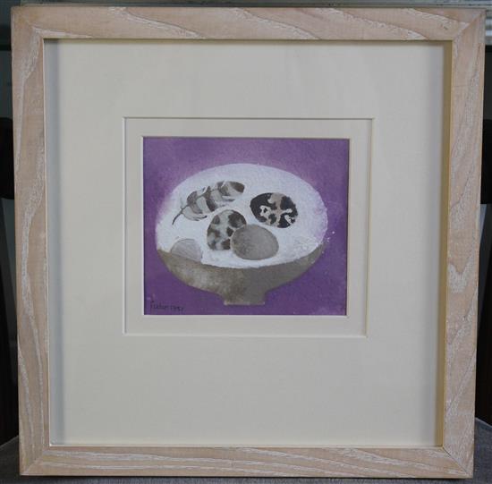 § Mary Fedden (1915-2012) Birds eggs and feathers in a bowl on mauve, 4 x 4.75in.